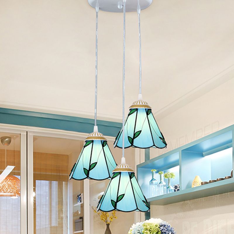 Tapered Stained Glass Cluster Pendant Light Tiffany 3 Lights Suspension Lighting Fixture