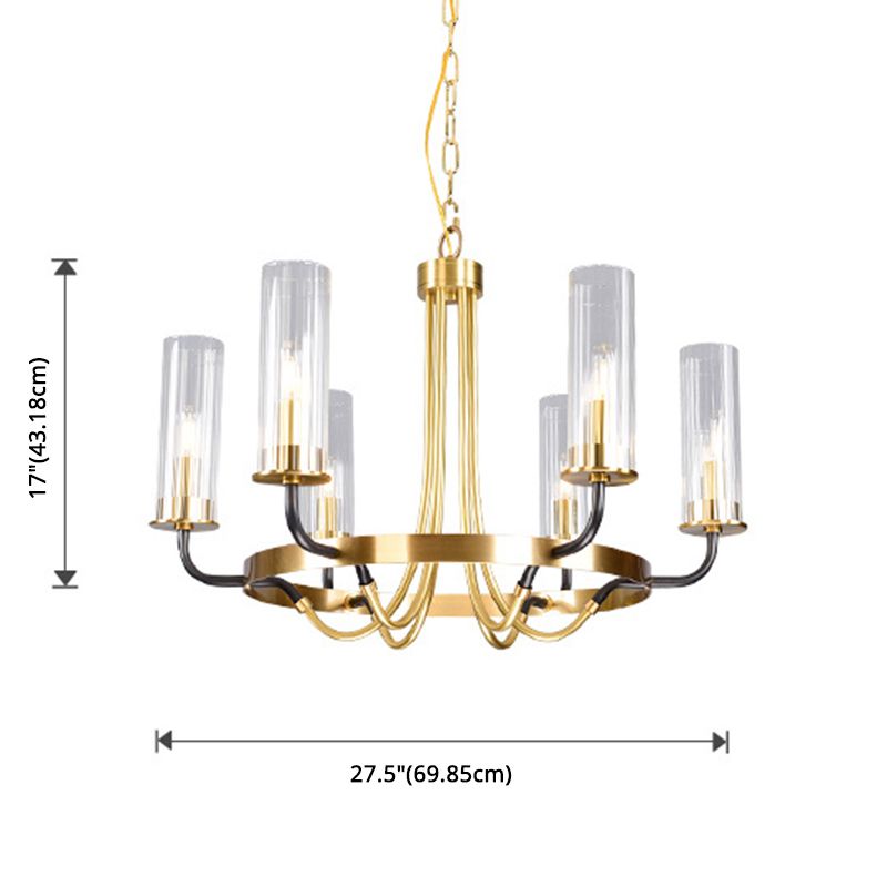 Post-Modern Metal Hanging Chandelier Light Cylinder Clear Glass Shade Ceiling Chandelier in Gold for Living Room
