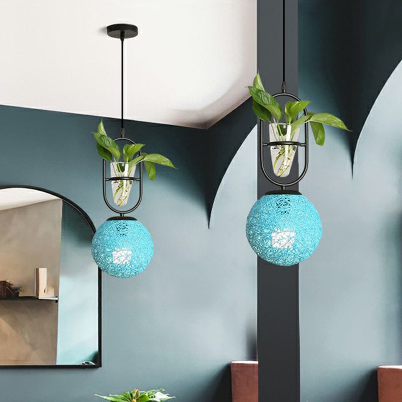 Single-Bulb Spherical Pendulum Light Decorative Rattan Hanging Lamp with Cone Glass Plant Container