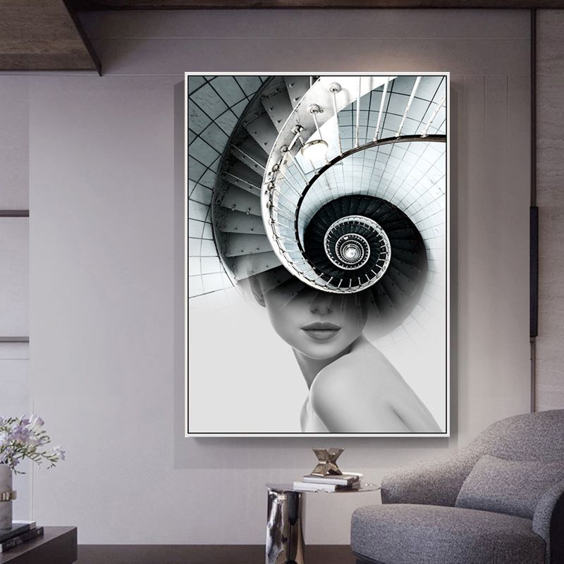 Stair and Girl Canvas Print Textured Contemporary Style for Girls Bedroom Painting