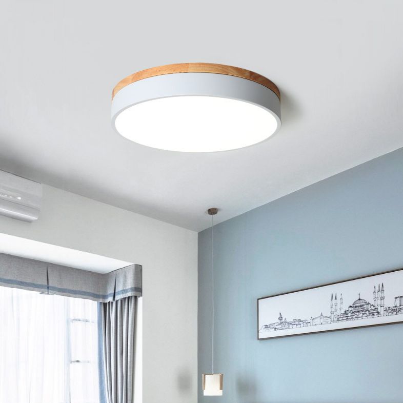 Metalen trommelvormige inbouwlamp Macaron LED-plafondlamp met houten luifel voor slaapkamer