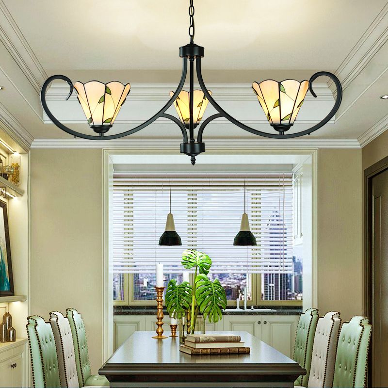 Luce a sospensione per foyer a foglia rustica con tonalità di cono e lampadario in vetro beige regolabile da 14 "a catena