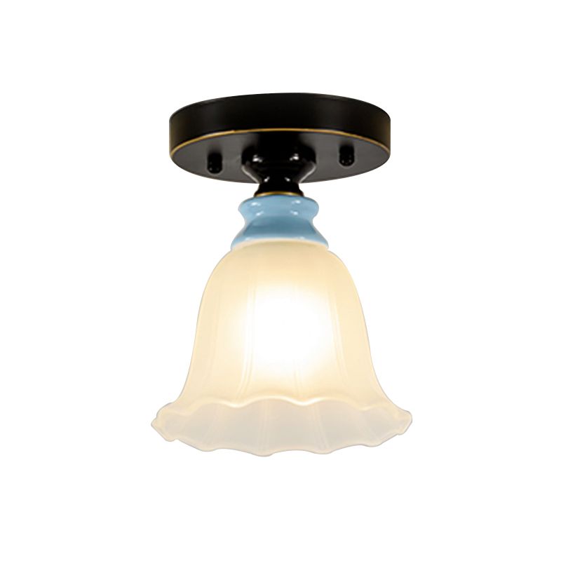 Frosted Glass Flared Flushmount Rural Style 1 Head Corridor Flush Mount Light in Black