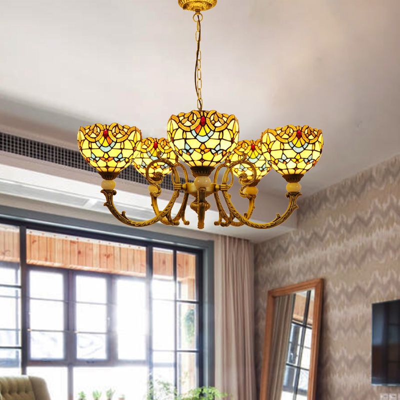 Iluminación de araña de cúpula mediterránea 5 luces colgante de caída de vidrio manchado en naranja/azul para sala de estar