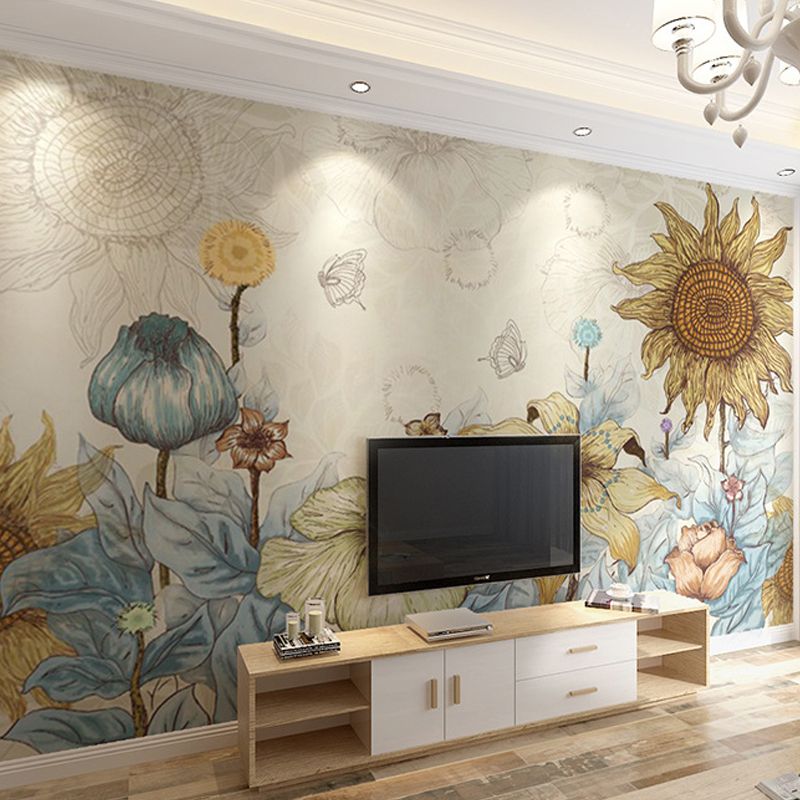 Decorative Sunflower Mural Wallpaper Non-Woven Fabric Nostalgic Wall Covering for Dining Room Decor