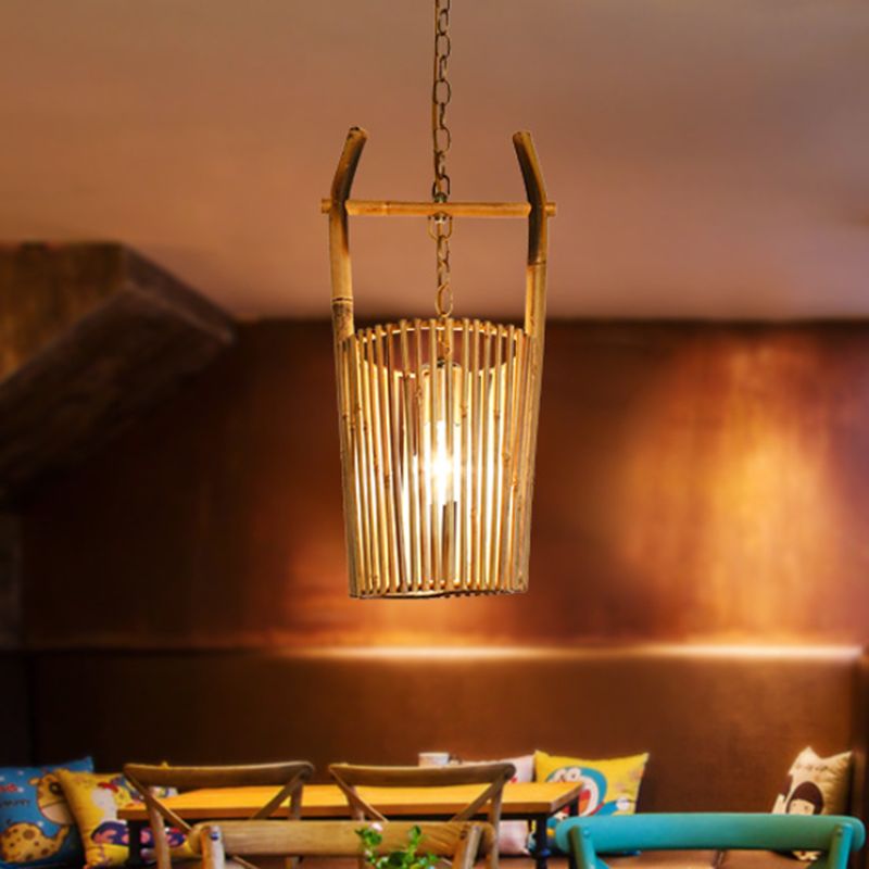 Luz de colgante de suspensión de barril beige moderno 1 lámpara colgante de bambú de luz
