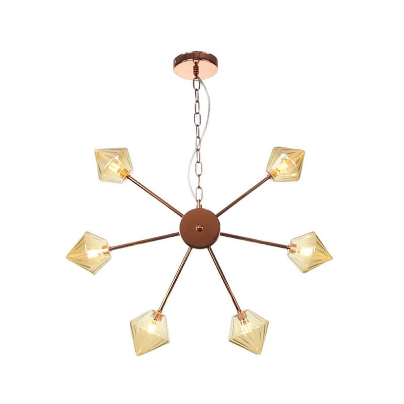 Diamond Shade Hanging Lighting Industrial Amber/Clear Glass 6/9/12 Heads Living Room Chandelier Lamp in Black/Brass/Copper