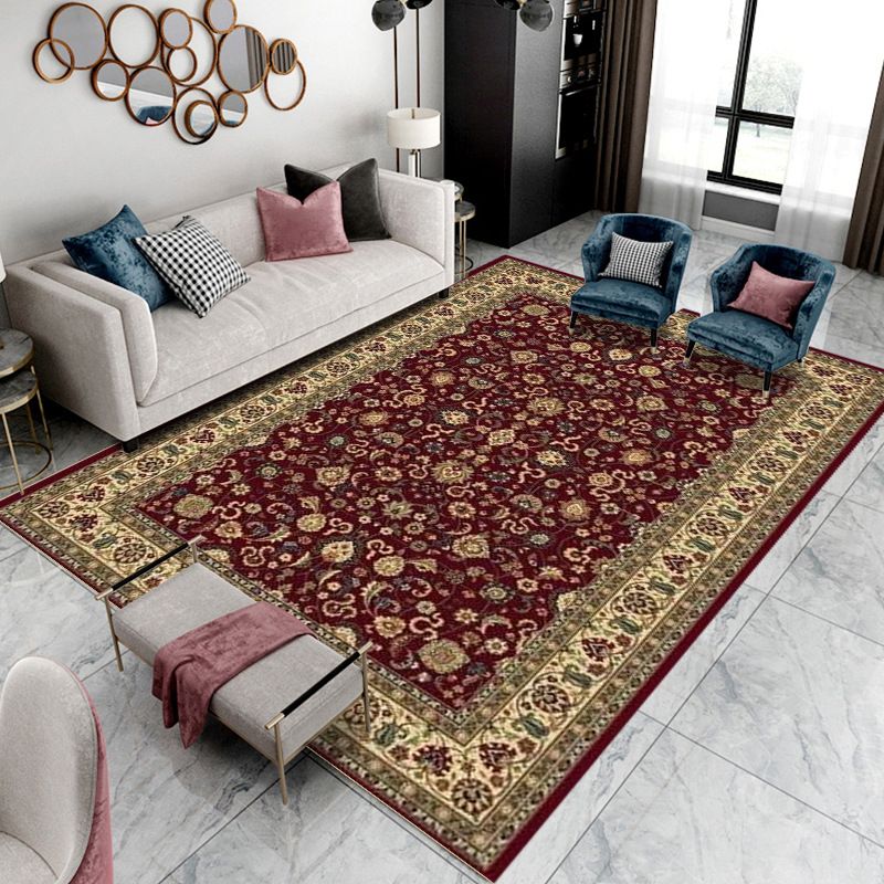 Wine Red Bohemian Rug Polyester Graphic Rug Non-Slip Backing Rug for Home Decoration