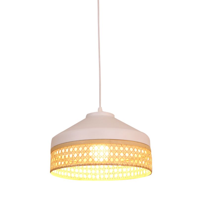 Iron Barn Pendant Light Kit Modernist 1 Head White Ceiling Suspension Lamp with Woven Bamboo Rattan Detail