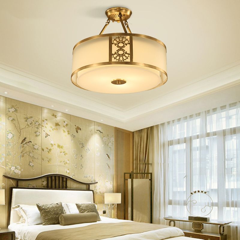 16 "/19.5" W latón 3/4 cabezas semi flush luz retro listón de techo de tambor de tambor de vidrio para sala de estar