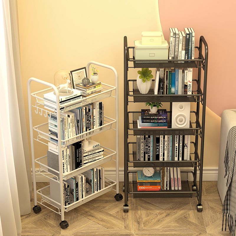 Modern Style Bookshelf Open Back Metal Bookcase with Caster Wheels for Home