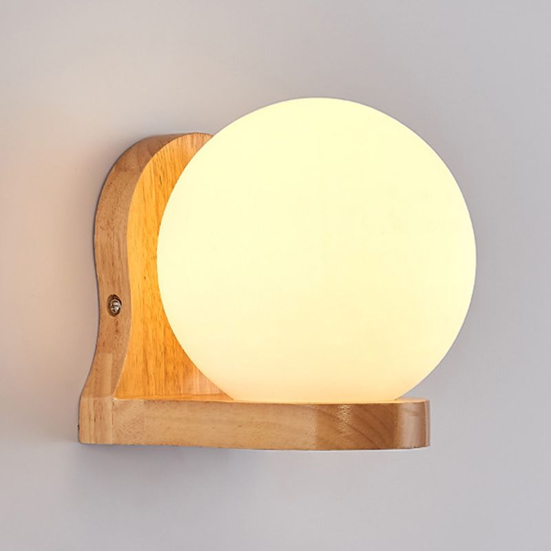 Nordic Wood Wall Light Globe 5.5" Wide Wall Sconce with White Glass for Bedroom