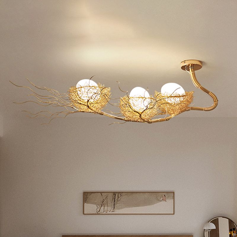 White Sphere Ceiling Chandelier Rustic 3 Lights Closed Glass Hanging Pendant Light with Gold Nest