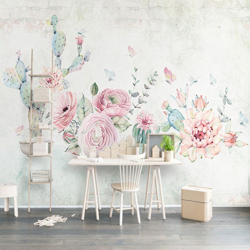 Tropix Cactus and Peony Murals Pink-Blue Stain-Resistant Wall Art for Living Room