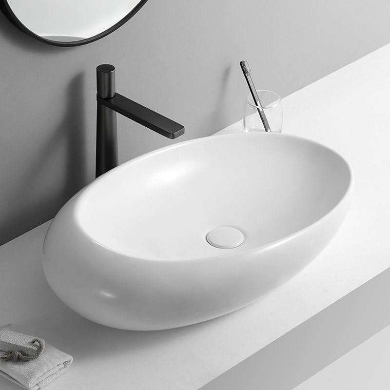 Contemporary Bathroom Sink with Pop-Up Drain Porcelain Oval-Shape Vessel Lavatory Sink