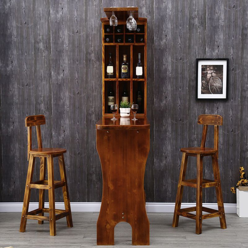 Brown Pine Wood Bistro Table with Wine Holder Pub Table for Bar