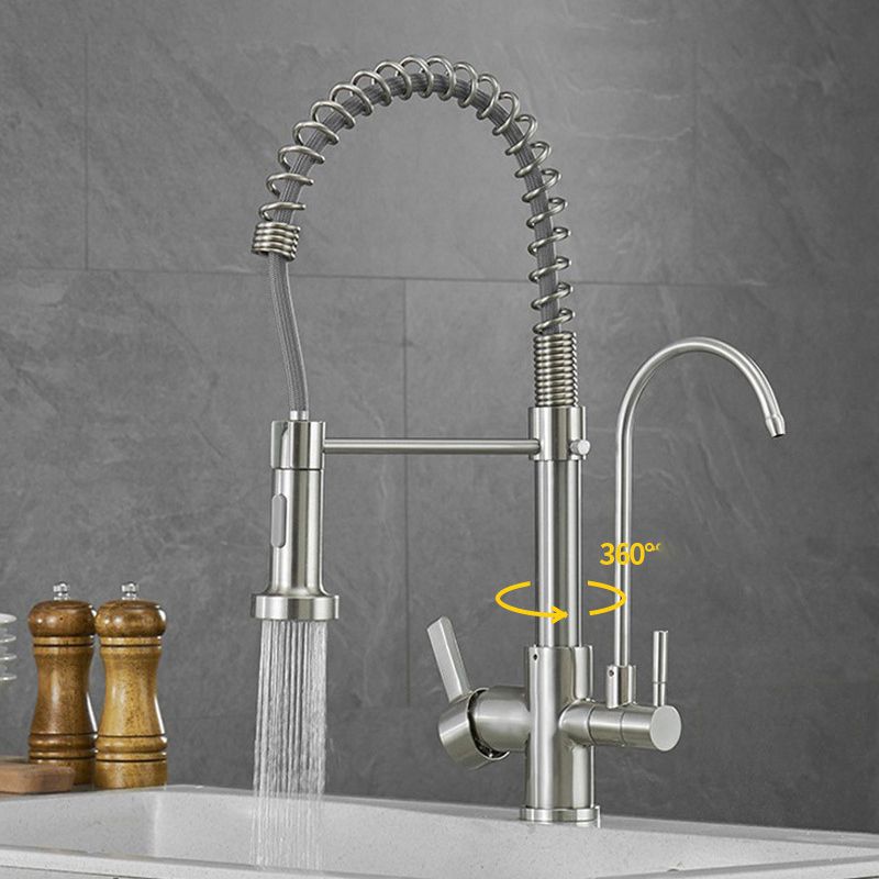 Modern Spring Spout Kitchen Faucet 2-Handle Bar Faucet with 2-Dispenser