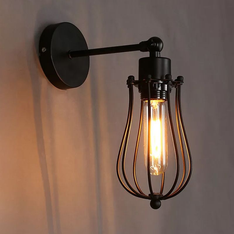 Bulb-Shaped Iron Wall Mount Lamp Industrial 1 Head Living Room Rotating Wall Mount Reading Light in Black
