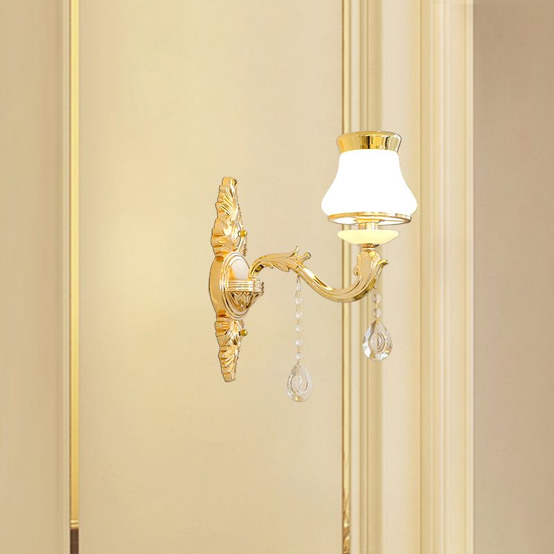 Gold Carved Arm Wall Sconce Light Traditional Metal Bedroom Wall Light with White Lampshade