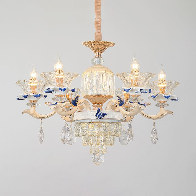 Clear K9 Crystal Flower Chandelier Traditional Dining Room Hanging Ceiling Light with Ceramic Decor