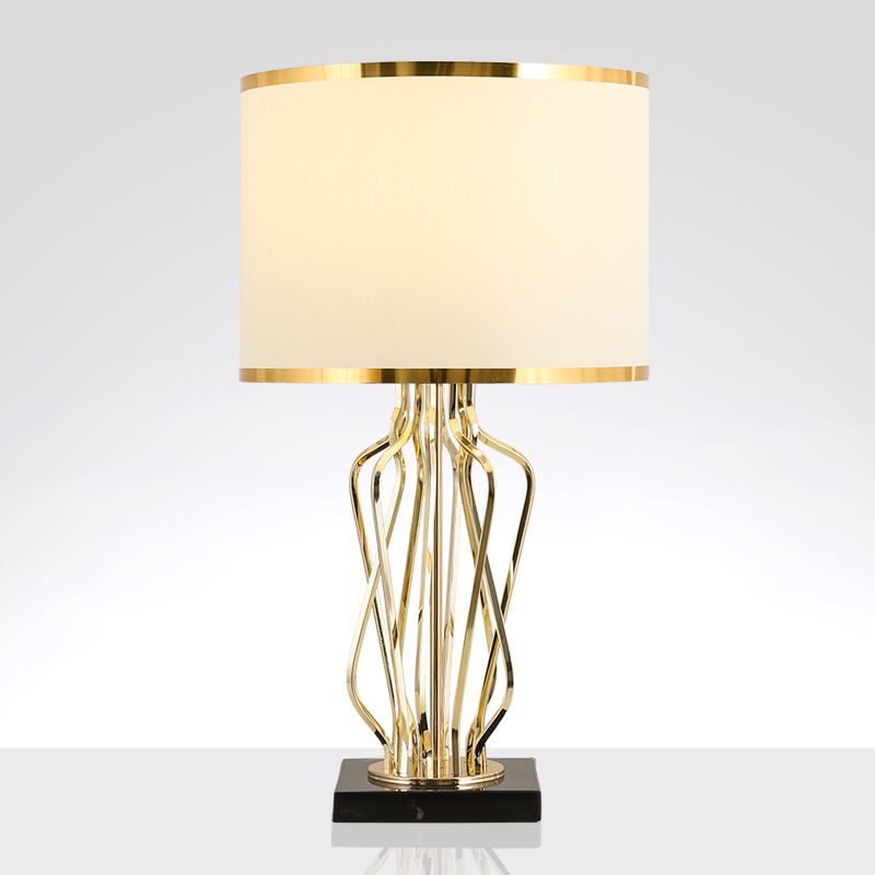 Fabric Drum Nightstand Lamp Simplicity 1 Bulb Living Room Table Lighting with Marble Base