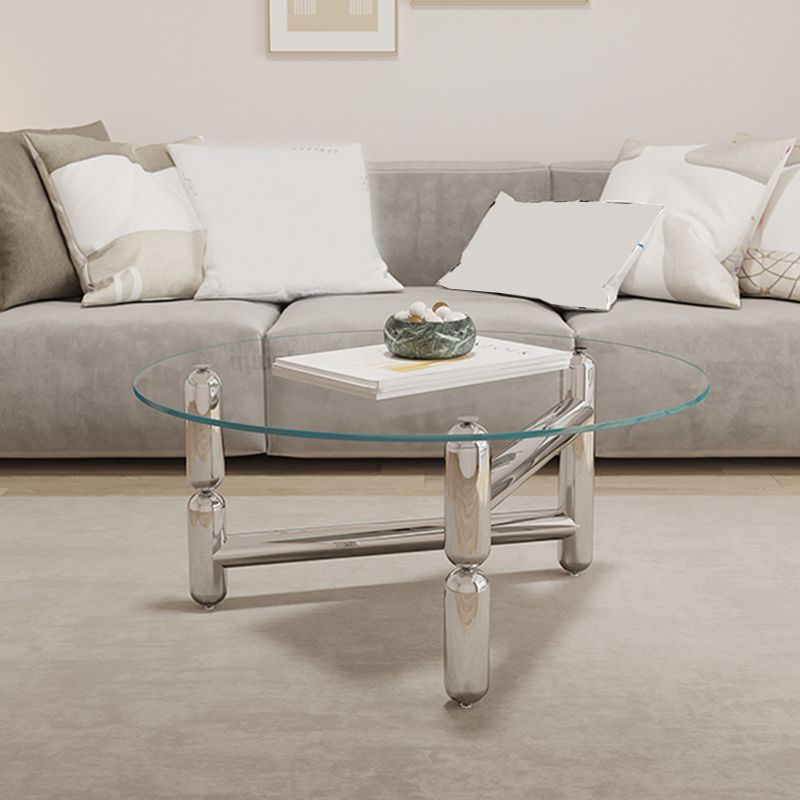 Glass Top Steel Coffee Table Round Minimalist Modern Coffee Table