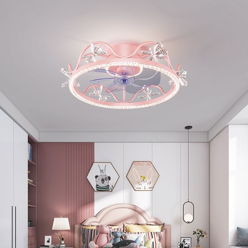Crown Shaped Kids Bedroom Fan Lighting Metal Macaron LED Semi Flush Ceiling Light with Crystal Decor