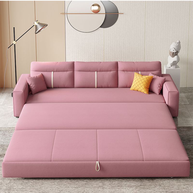 Storage Fabric Sofa Bed in Pink with Pillow Back and Square Arms