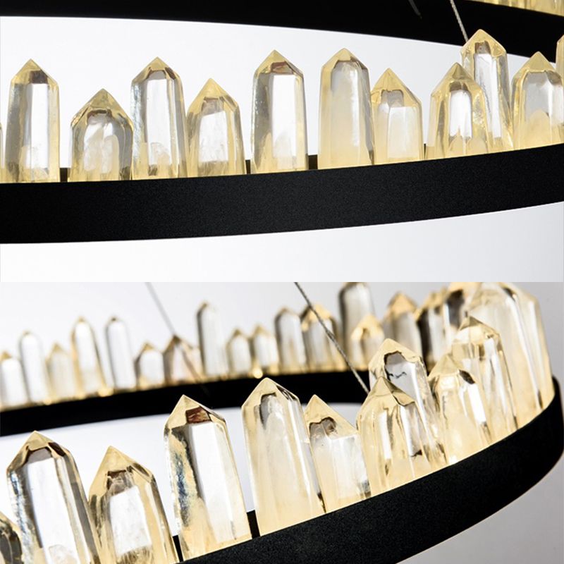 Lampadante a pendente ad anello di cristallo LED contemporaneo LED Nero appeso al soffitto in luce calda/bianca per soggiorno