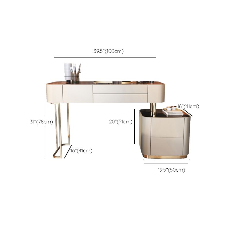 Glass Vanity Desk with 5 Storage Drawers 16.14" Wide Cream Wood Vanity Set