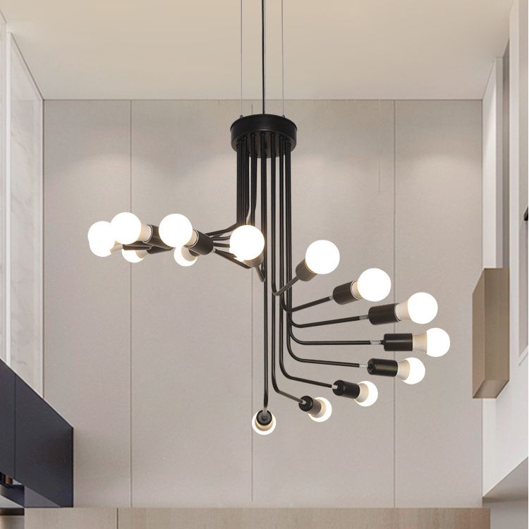 Vintage Iron Spiral Chandelier Light Open Bulbs Industrial Style Black Wrought Iron Stair Hanging Light