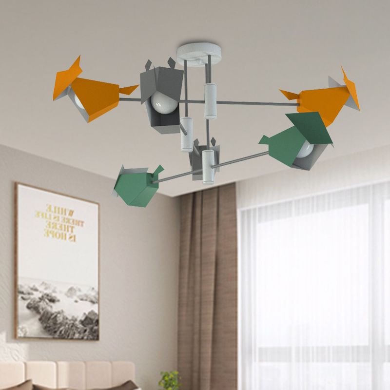 Metal Bird-Like Semi Flush Light Fixture Cartoon 6 Lights Grey-Yellow-Green Ceiling Mounted Lamp