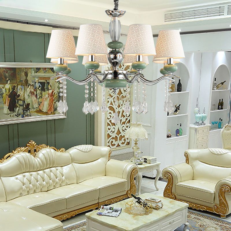 Nordischer Kegelanhänger Lampenmaterial 8 Lichter Kronleuchterleuchte mit klarem Kristallabfall in Grün für Schlafzimmer