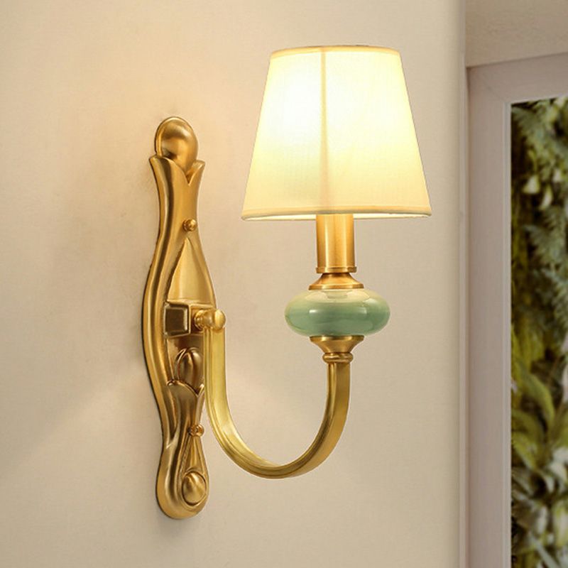 Contemporary Tapered Shape Sconce Fabric Single-Bulb Living Room Wall Light Fixture with Arc Arm in Gold