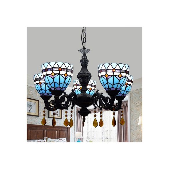 Luz de lámpara de cúpula de lámpara retro vidrita retro 5 luces 5 luces colgantes de tulipán con cristal en azul