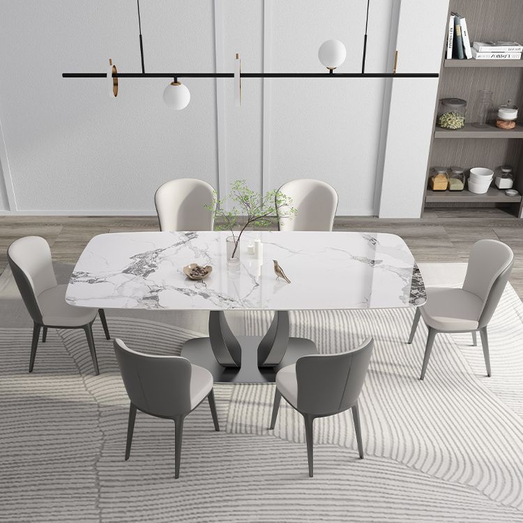 Rectangular Stone Top Dining Table Double Pedestal Metal Base for Living Room