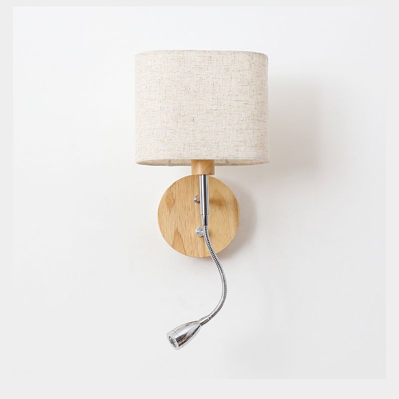 Geometric Fabric Reading Wall Light Nordic 2-Light Natural Wood Wall Lamp with Switch