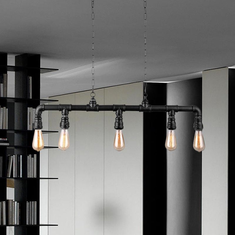 5 Lights Linear Island Pendant Light with Pipe Design Farmhouse Style Black Metal Lighting Fixture