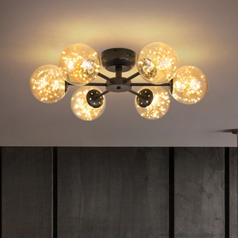 Einfache LED Starry Semi Flush Mount Black Globe Deckenleuchte mit Glasschatten
