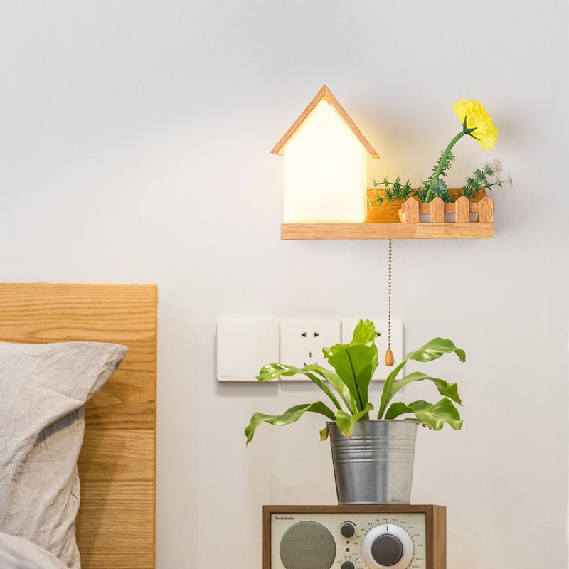 Modern Style House Shape Wall Light Wood 1 Light Sconces for Bedroom without Plant