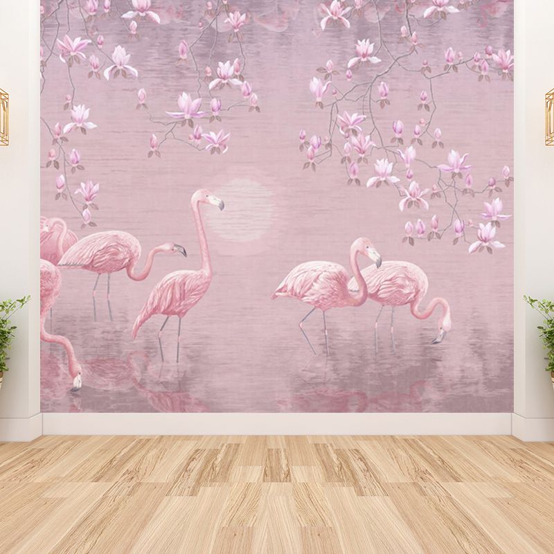 Lotus Pond Flamingo Wall Mural Tropical Non-Woven Material Wall Decor for Bedroom