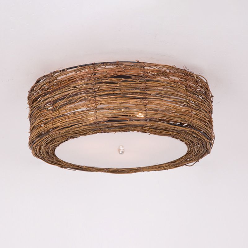 Rattan Rustic Flush Mount Ceiling Light Fixtures 1 Light Drum Flush Ceiling Light Fixture for Bedroom