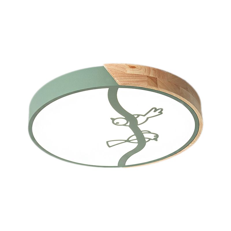 Wood Circle Flush Mount Ceiling Licht Nordische Stil LED Grau/Weiß Deckenlampe mit Acryl Schatten und Bird Pattern
