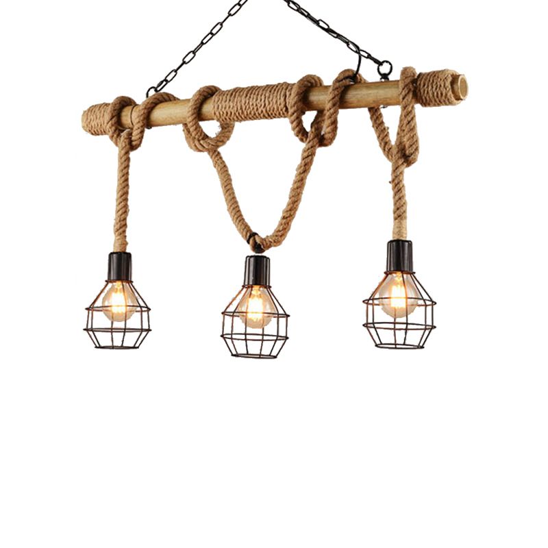 Black Globe Island Light Fixture Vintage Metal 3 Lights Dining Room Hanging Lamp with Cage