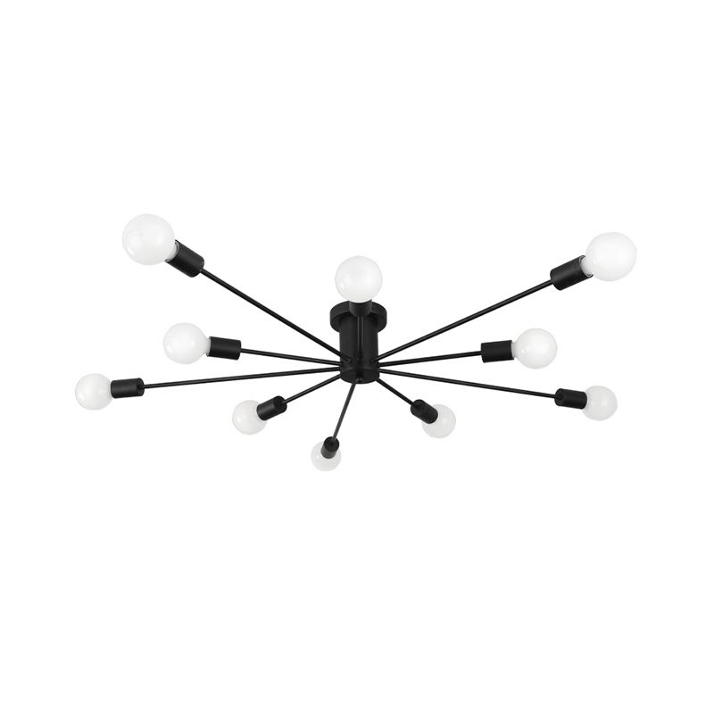 6/8 Heads Ceiling Light Fixture with Exposed Bulb Metal Retro Style Bedroom Semi Flush Mount Lighting in Black/White
