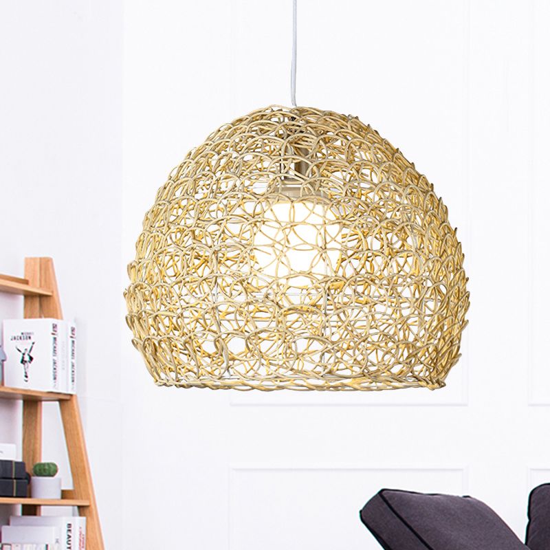 Hemispherical Pendulum Light Simple Bamboo Single Beige Pendant Light Fixture for Dining Room