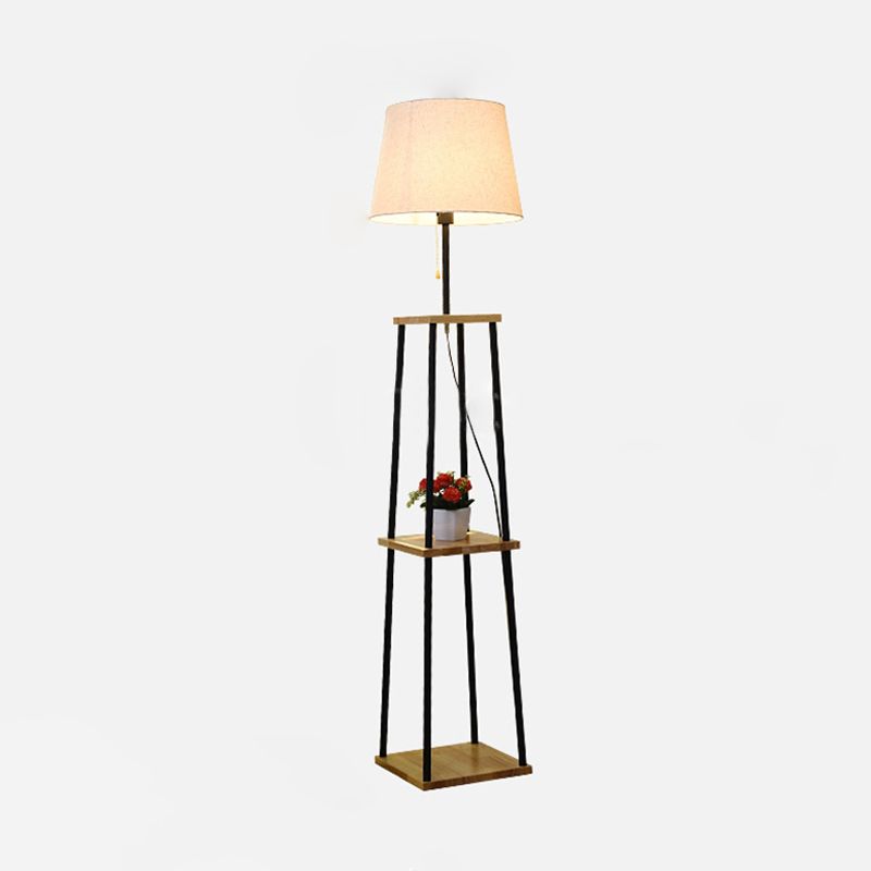 Shelf Shape Floor Light Modernist Wood Single Head Flaxen Pull-Chain Standard Lamp with Barrel Fabric Shade
