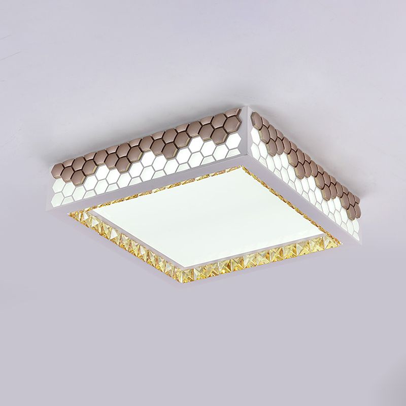 White-Gold Square Flush Light Fixture Modern Crystal Bedroom LED Ceiling Lighting with Honeycomb Design