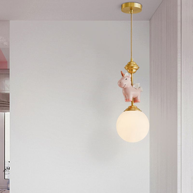 Cream Glass Globe Suspension Light Kids 1-Light Pendant Light Fixture with Resin Unicorn
