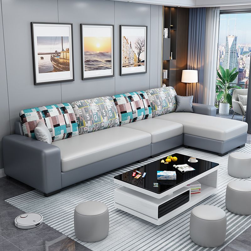 Scandinavian Faux Leather Sectional with Square Arm for Four People